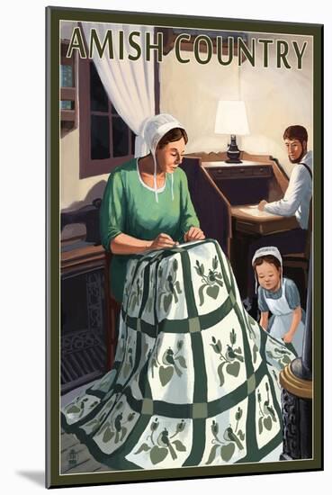Amish Country - Quilting Scene-Lantern Press-Mounted Art Print