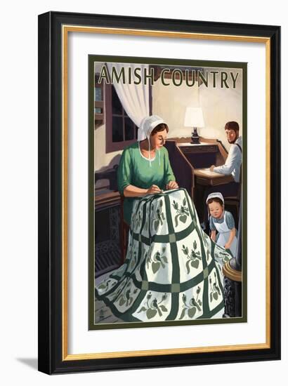 Amish Country - Quilting Scene-Lantern Press-Framed Art Print