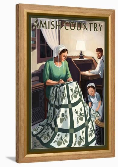 Amish Country - Quilting Scene-Lantern Press-Framed Stretched Canvas