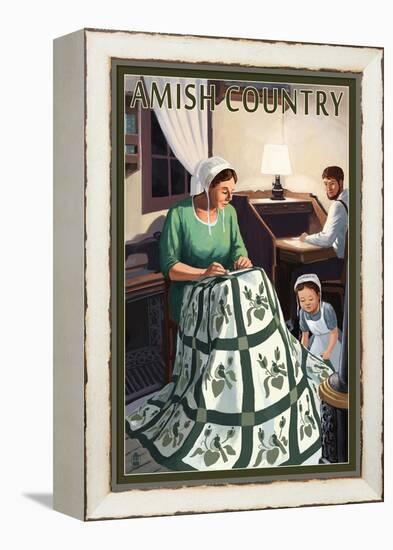 Amish Country - Quilting Scene-Lantern Press-Framed Stretched Canvas