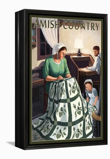 Amish Country - Quilting Scene-Lantern Press-Framed Stretched Canvas