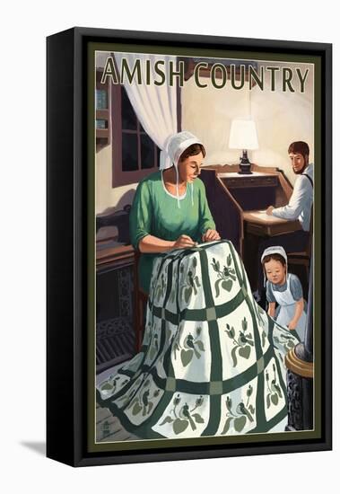 Amish Country - Quilting Scene-Lantern Press-Framed Stretched Canvas