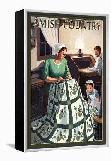 Amish Country - Quilting Scene-Lantern Press-Framed Stretched Canvas