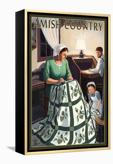 Amish Country - Quilting Scene-Lantern Press-Framed Stretched Canvas