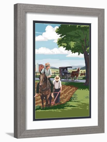 Amish Farmers and Buggy-Lantern Press-Framed Art Print