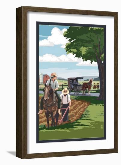 Amish Farmers and Buggy-Lantern Press-Framed Art Print