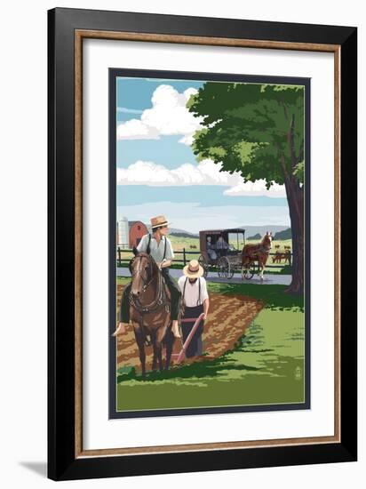 Amish Farmers and Buggy-Lantern Press-Framed Art Print