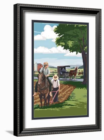 Amish Farmers and Buggy-Lantern Press-Framed Art Print