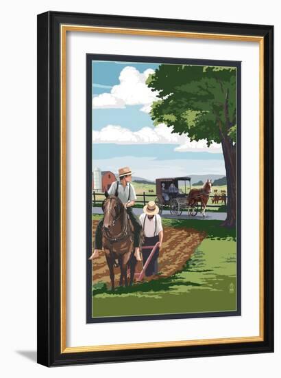 Amish Farmers and Buggy-Lantern Press-Framed Art Print