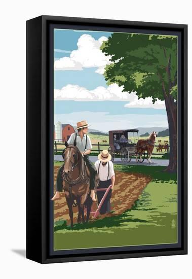 Amish Farmers and Buggy-Lantern Press-Framed Stretched Canvas