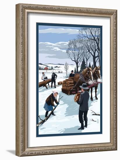 Amish Gathering Firewood Winter Scene-Lantern Press-Framed Art Print