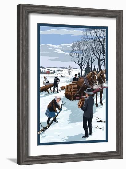 Amish Gathering Firewood Winter Scene-Lantern Press-Framed Art Print