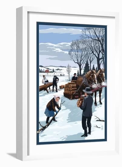 Amish Gathering Firewood Winter Scene-Lantern Press-Framed Art Print