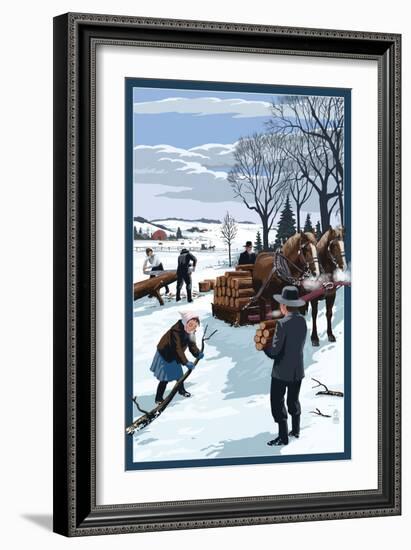 Amish Gathering Firewood Winter Scene-Lantern Press-Framed Art Print