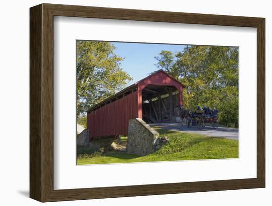 Amish Horse-drawn Buggy, Pool Forge Covered Bridge, built in 1859, Lancaster County, Pennsylvania,-Richard Maschmeyer-Framed Photographic Print