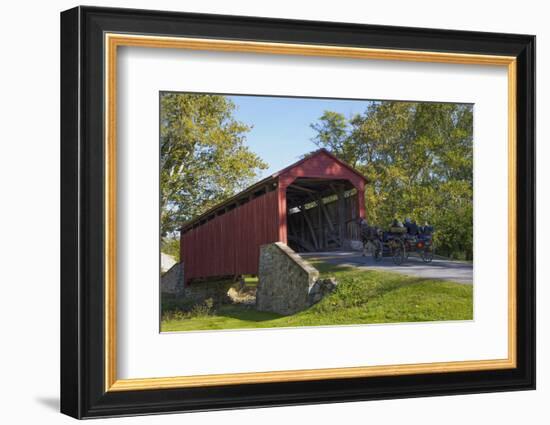 Amish Horse-drawn Buggy, Pool Forge Covered Bridge, built in 1859, Lancaster County, Pennsylvania,-Richard Maschmeyer-Framed Photographic Print