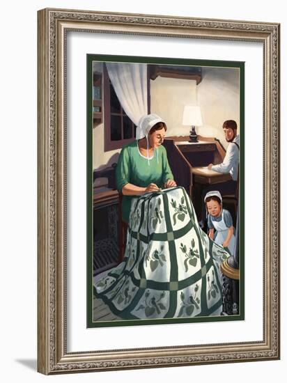 Amish Quiltmaking Scene-Lantern Press-Framed Art Print