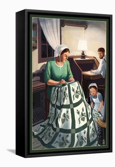 Amish Quiltmaking Scene-Lantern Press-Framed Stretched Canvas