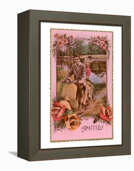 Amities, French Couple on Scooter-null-Framed Stretched Canvas