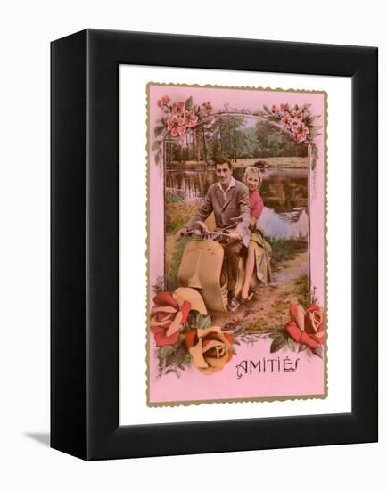 Amities, French Couple on Scooter-null-Framed Stretched Canvas