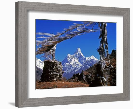 Amma Dablam, Framed by Prayer Flags, One of Most Distinctive Mountains Lining Khumbu Valley, Nepal-Fergus Kennedy-Framed Photographic Print