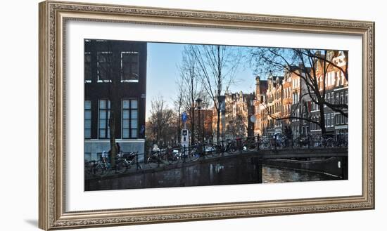 Amsterdam Bicycles on Brige over Canal-Anna Miller-Framed Photographic Print