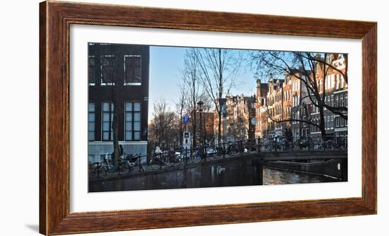 Amsterdam Bicycles on Brige over Canal-Anna Miller-Framed Photographic Print