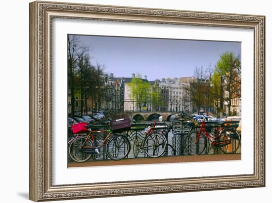 Amsterdam Bicycles on Brige over Canal-Anna Miller-Framed Photographic Print