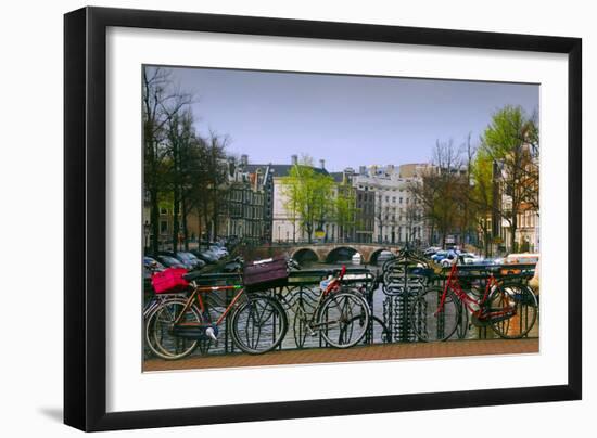 Amsterdam Bicycles on Brige over Canal-Anna Miller-Framed Photographic Print