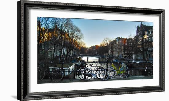 Amsterdam Bicycles on Brige over Canal-Anna Miller-Framed Photographic Print