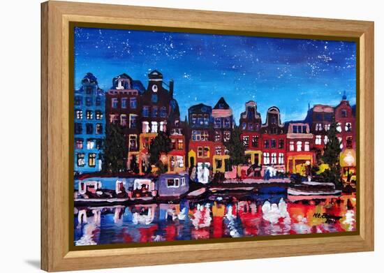 Amsterdam Skyline with Canal at Night-Martina Bleichner-Framed Stretched Canvas