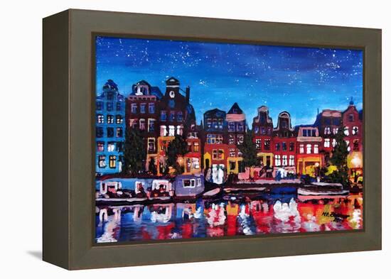 Amsterdam Skyline with Canal at Night-Martina Bleichner-Framed Stretched Canvas