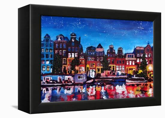 Amsterdam Skyline with Canal at Night-Martina Bleichner-Framed Stretched Canvas