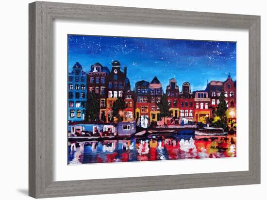 Amsterdam Skyline with Canal at Night-Martina Bleichner-Framed Premium Giclee Print