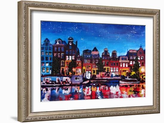 Amsterdam Skyline with Canal at Night-Martina Bleichner-Framed Art Print