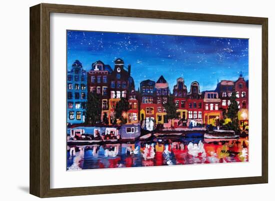 Amsterdam Skyline with Canal at Night-Martina Bleichner-Framed Art Print