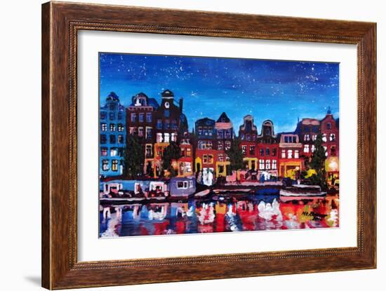 Amsterdam Skyline with Canal at Night-Martina Bleichner-Framed Art Print