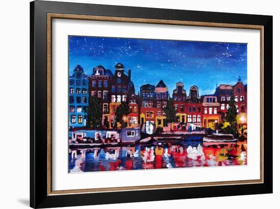 Amsterdam Skyline with Canal at Night-Martina Bleichner-Framed Art Print