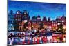 Amsterdam Skyline with Canal at Night-Martina Bleichner-Mounted Art Print