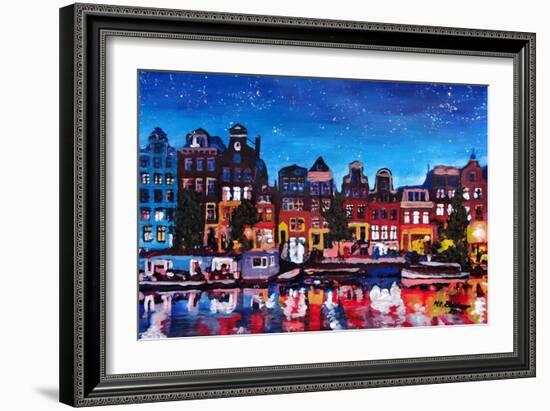 Amsterdam Skyline with Canal at Night-Martina Bleichner-Framed Art Print