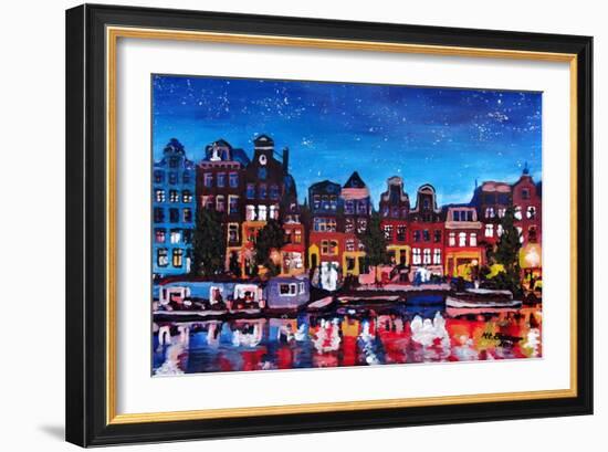 Amsterdam Skyline with Canal at Night-Martina Bleichner-Framed Art Print