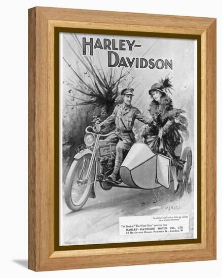 An Advertisement for Harley- Davidson Showing a Soldier Taking His Lady Friend for a Ride-null-Framed Premier Image Canvas