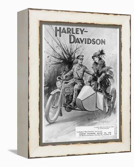 An Advertisement for Harley- Davidson Showing a Soldier Taking His Lady Friend for a Ride-null-Framed Premier Image Canvas