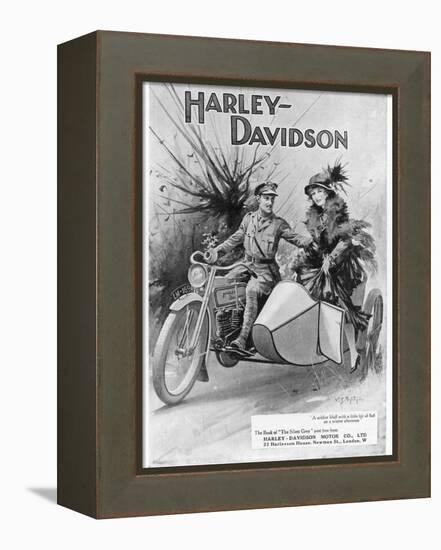 An Advertisement for Harley- Davidson Showing a Soldier Taking His Lady Friend for a Ride-null-Framed Premier Image Canvas