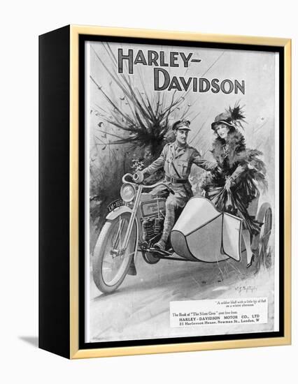 An Advertisement for Harley- Davidson Showing a Soldier Taking His Lady Friend for a Ride-null-Framed Premier Image Canvas