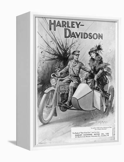 An Advertisement for Harley- Davidson Showing a Soldier Taking His Lady Friend for a Ride-null-Framed Premier Image Canvas