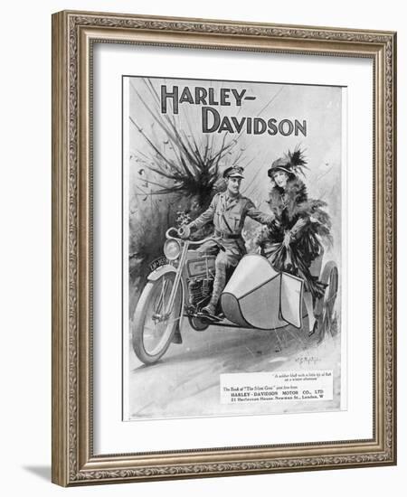 An Advertisement for Harley- Davidson Showing a Soldier Taking His Lady Friend for a Ride-null-Framed Premium Giclee Print