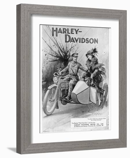 An Advertisement for Harley- Davidson Showing a Soldier Taking His Lady Friend for a Ride-null-Framed Premium Giclee Print