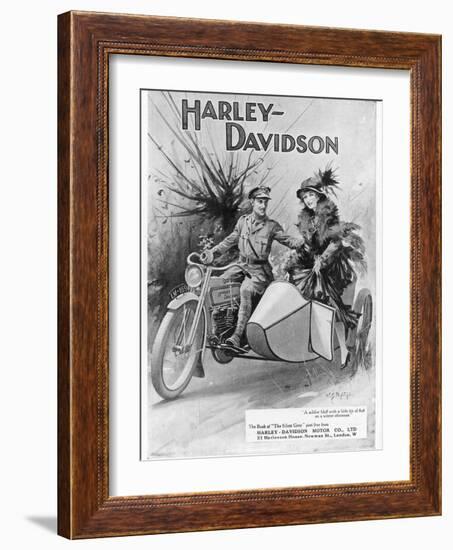 An Advertisement for Harley- Davidson Showing a Soldier Taking His Lady Friend for a Ride-null-Framed Premium Giclee Print