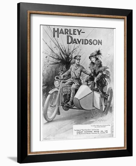 An Advertisement for Harley- Davidson Showing a Soldier Taking His Lady Friend for a Ride-null-Framed Premium Giclee Print